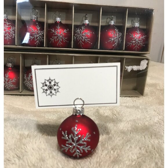 Set Of 12 Red Christmas Ball Place Card Ornaments With Snowflake Design 2" - Picture 2 of 11